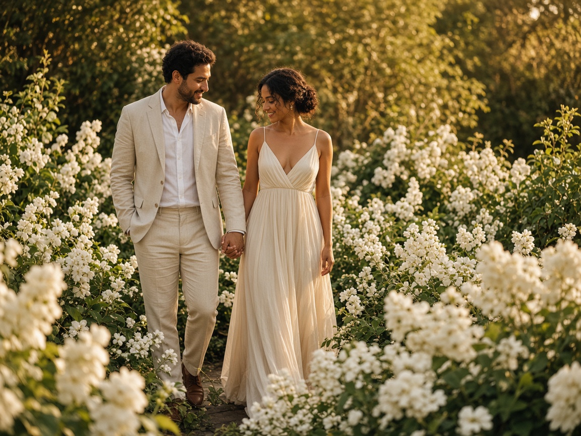 Casal caminhando entre flores brancas.